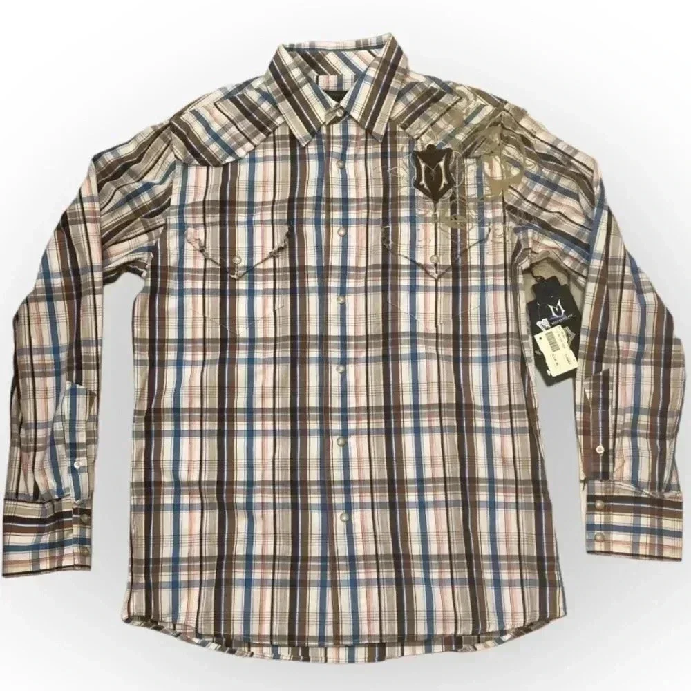 NWT Monarchy Brown Blue Plaid Men’s Long Sleeve Pearl Snap Front Shirt (M)